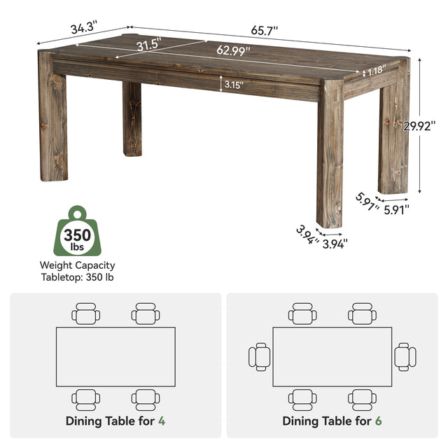 63" Dining Table, Solid Wood Kitchen Table with Heavy Duty Legs for 6 People