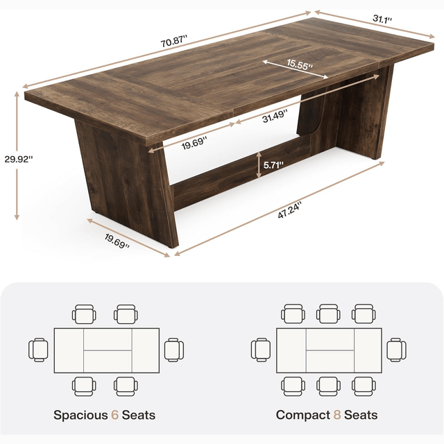 70.87" Rustic Brown Dining Table, Large Farmhouse Rectangular Table with Solid Pedestal Base