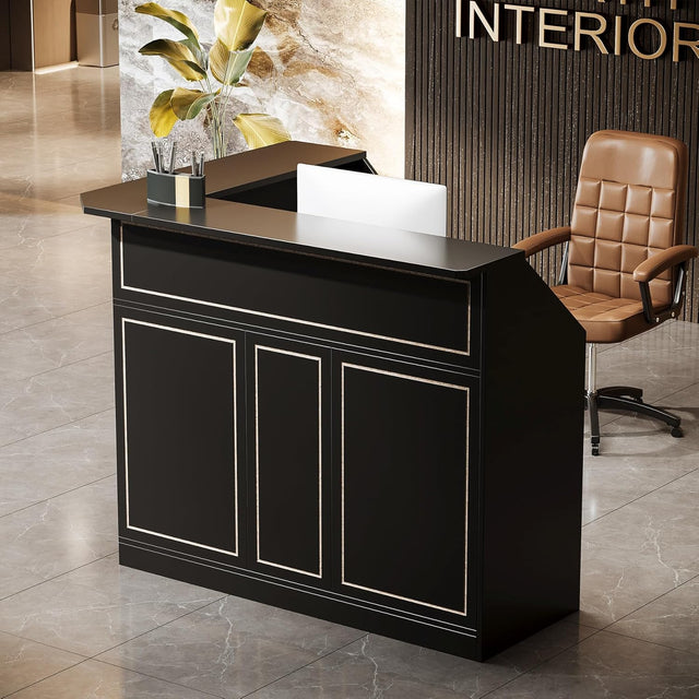 Black L-Shaped Reception Desk with storage shelves