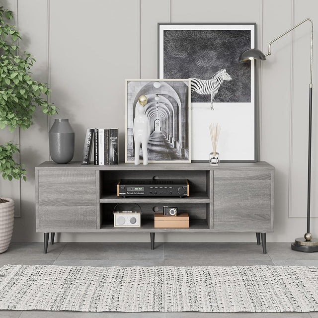 Gray wood TV Console Table entertainment media unit 55 65 inch tv midcentury modern stand oJackArt furniture store 