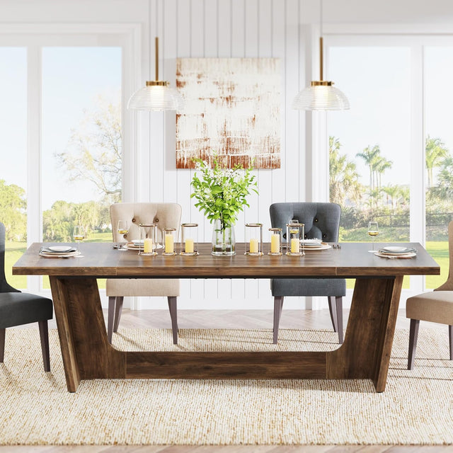 70.87" Rustic Brown Dining Table, Large Farmhouse Rectangular Table with Solid Pedestal Base