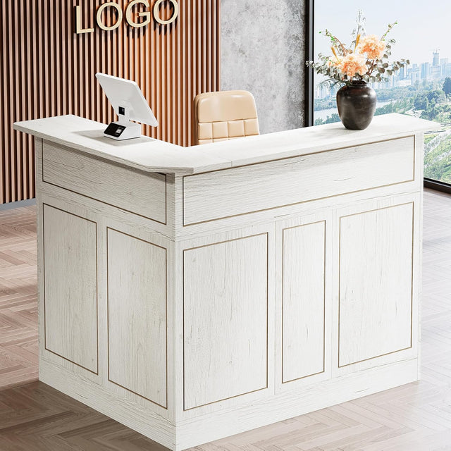 White L-Shaped Reception Desk with storage shelves
