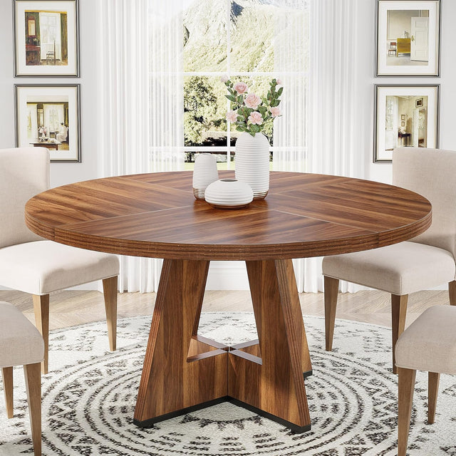 47-Inch Round Farmhouse Dining Table for 4–6 with Cross-Style Pedestal Base