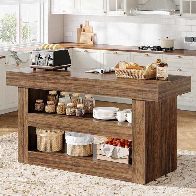 55 inch Farmhouse Kitchen Island 3-Tier Island Table