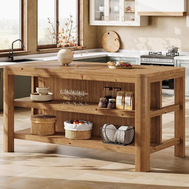 Solid Wood Kitchen Island 63 inch Farmhouse Island Table Storage Shelves