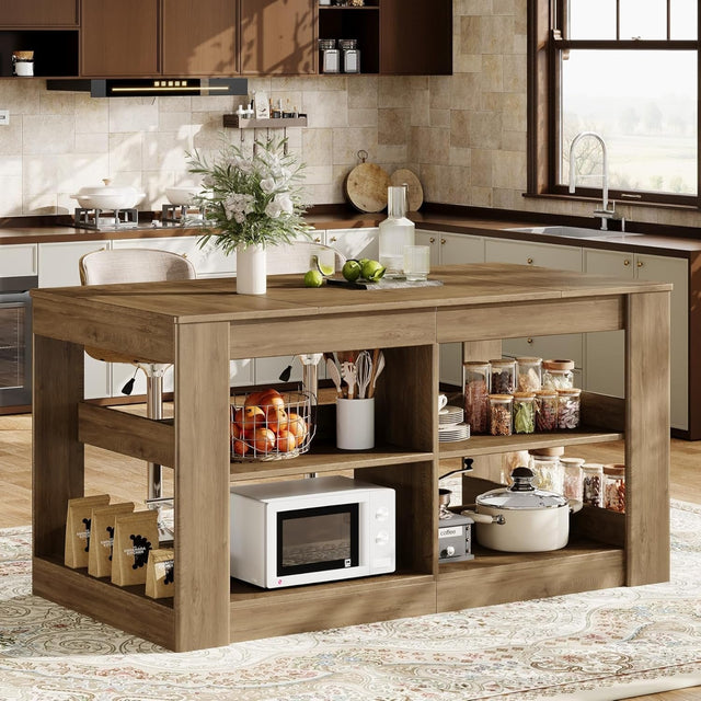 63 inch Farmhouse Kitchen Island 3-Tier Stationary Coffee Bar Table Large Worktop