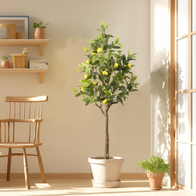 artificial lemon tree, fake lemon tree indoor, tall faux citrus plant, 6ft artificial lemon tree with planter, lifelike lemon decor, faux potted lemon tree, artificial fruit tree for home, kitchen fake plants, office citrus decor, no maintenance lemon tree, Mediterranean home decor, farmhouse faux greenery