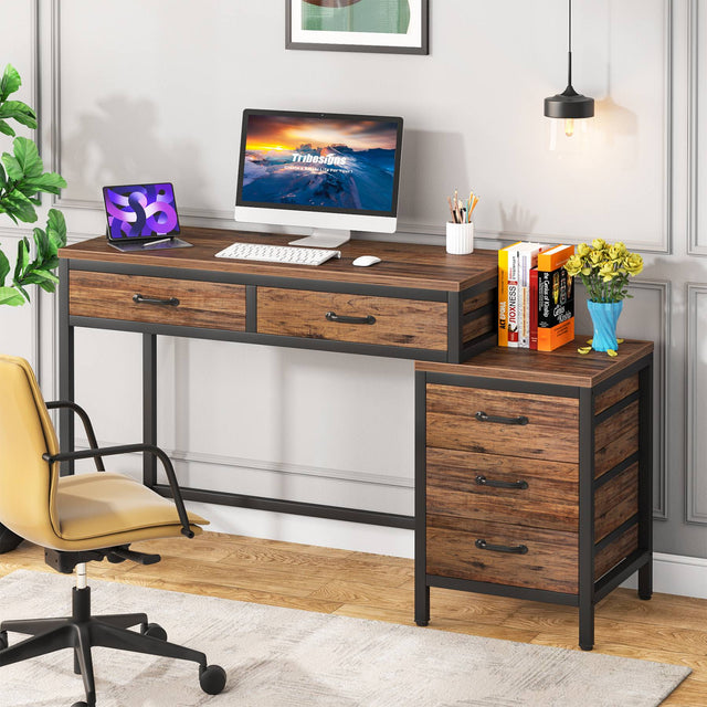 5-Drawer Computer Desk Rustic Brown with file cabinet