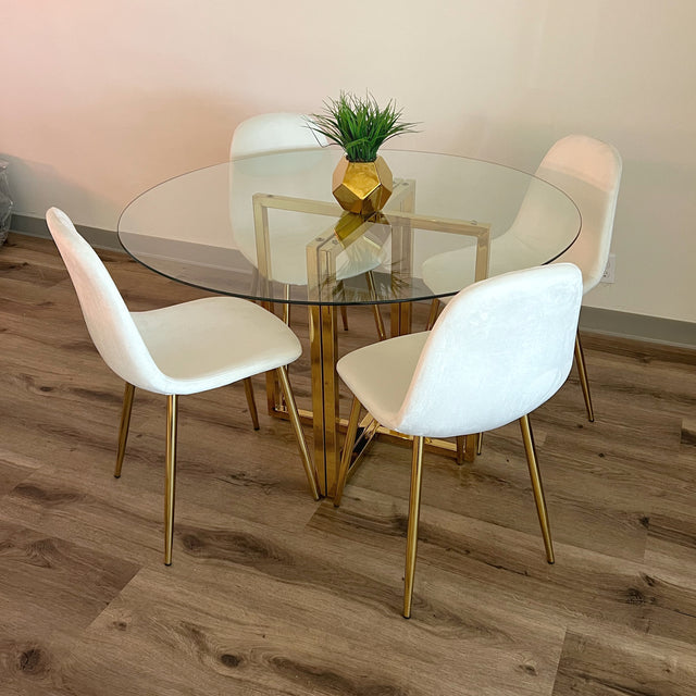 Pozbee Cream velvet dining room set with modern round glass table 47 inch oJackArt white kitchen furniture store in Culver City, Los Angeles