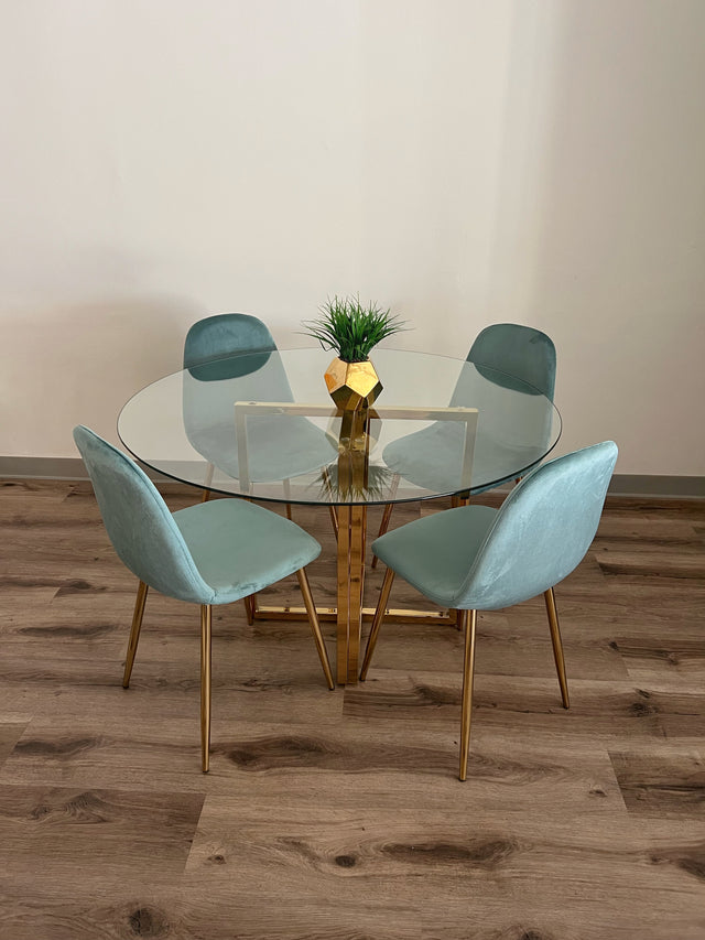 Pozbee Sage Green velvet dining room set with modern round glass table 47 inch oJackArt Turquoise kitchen furniture store in Culver City, Los Angeles