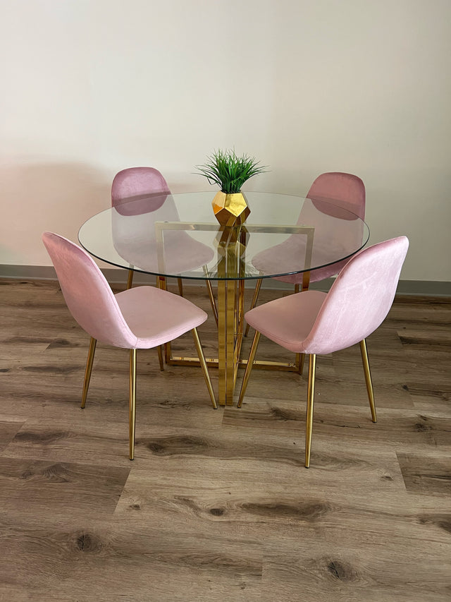 Pozbee Rose Pink velvet kitchen chairs set with modern circle glass table 47 inch oJackArt dining room furniture store in Culver City, Los Angeles