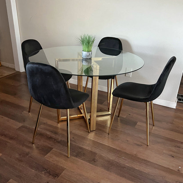 Pozbee Black and Gold velvet dining room set with modern round glass table 47 inch oJackArt kitchen furniture store in Culver City, Los Angeles