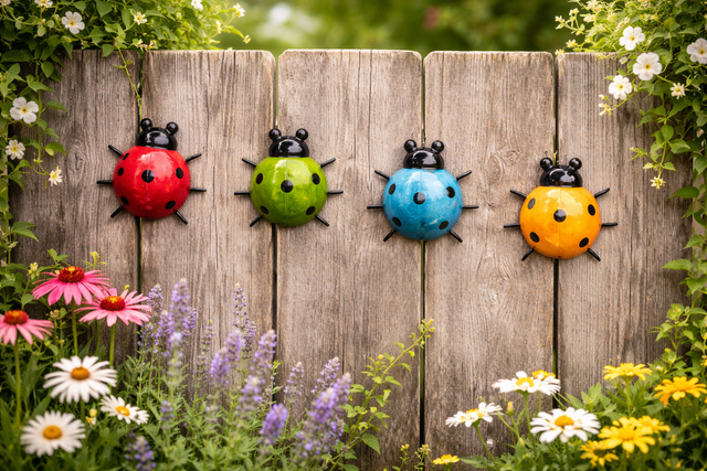 3D metal red ladybug garden wall art on wooden fence outdoor decor Colorful metal ladybug outdoor wall sculpture for patio and yard weather resistant garden decoration Cute metal ladybug fence decor ornament colorful