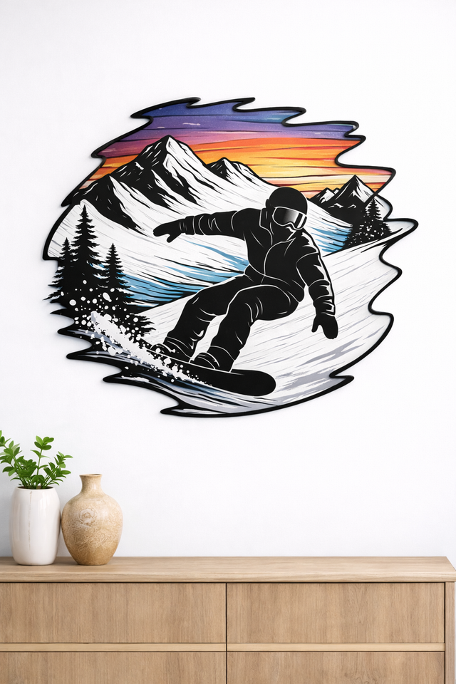Snowboarder Metal Wall Art, Beach Sunset Silhouette, Color Accent Wave Decor, Surfboard Wall Hanging, Modern Mountain Wall Art, Gift for Surfer, Mountain Snowboarder male, Ski resort, Snow