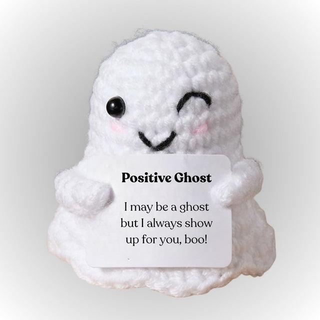 Positive ghost emotional support plush halloween gift cute small white crochet ghost holding affirmative message gift for boyfriend girlfriend