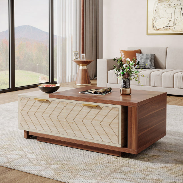 Extendable coffee table with 2 drawers walnut and oak finish