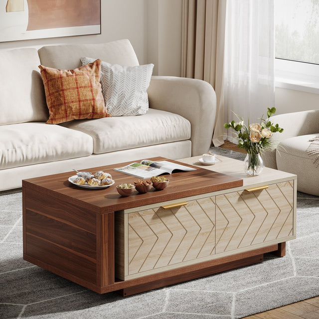 Extendable coffee table drawer close-up V-shaped wood grain pattern