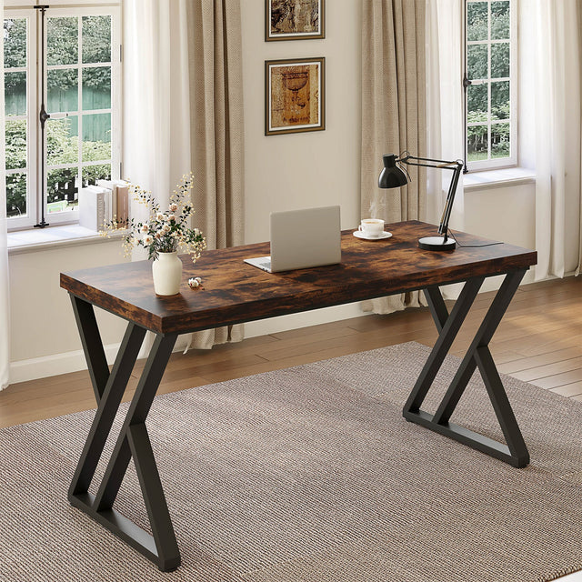 Heavy Duty 55 inch Computer Desk Rustic Brown Z-shaped legs