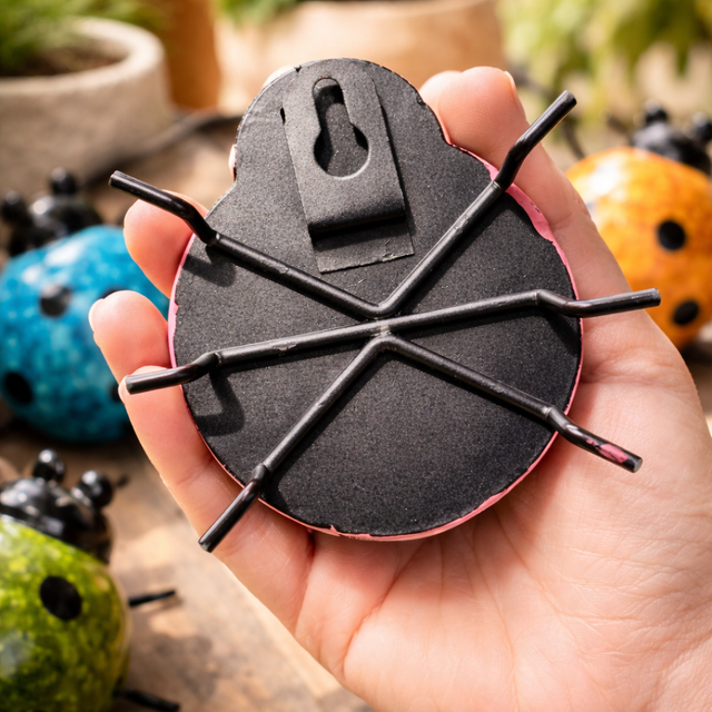 3D metal red ladybug garden wall art on wooden fence outdoor decor Colorful metal ladybug outdoor wall sculpture for patio and yard weather resistant garden decoration Cute metal ladybug fence decor ornament colorful