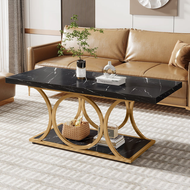 Rectangle coffee table faux marble black and gold variant