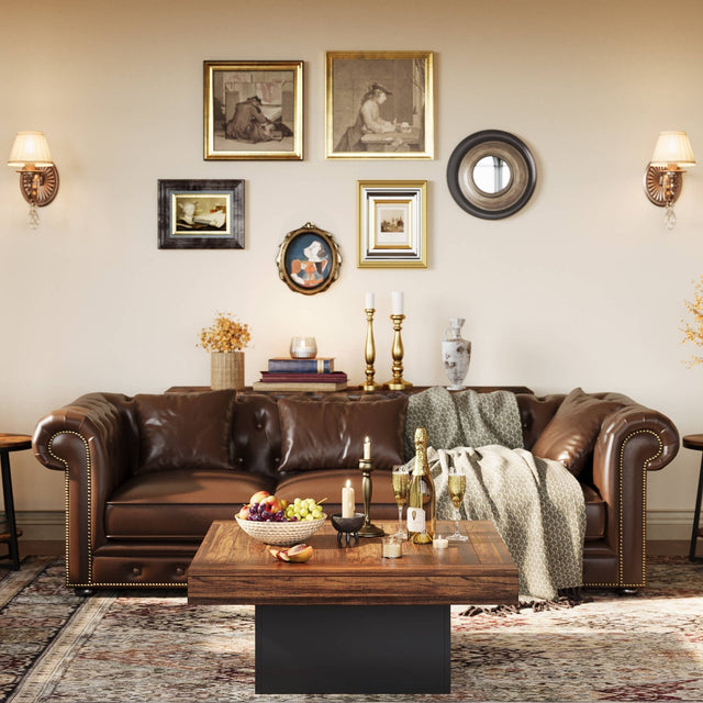 Square farmhouse coffee table with LED light rustic brown and black