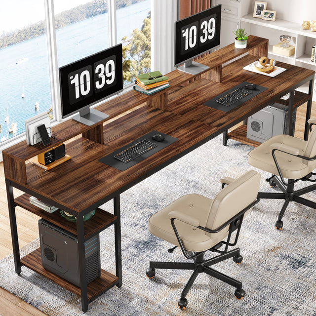 Two Person Desk 78.7 inch with Monitor Stand and 4 Open Shelves Rustic Brown