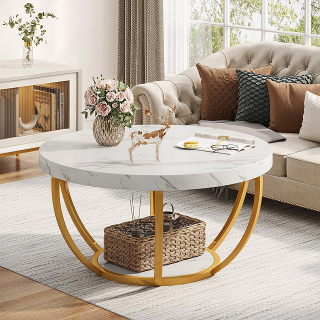 2-tier round coffee table faux white and gold variant
