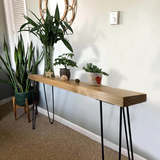 Narrow Console Table With Hairpin Legs, Wooden Rustic Hallway